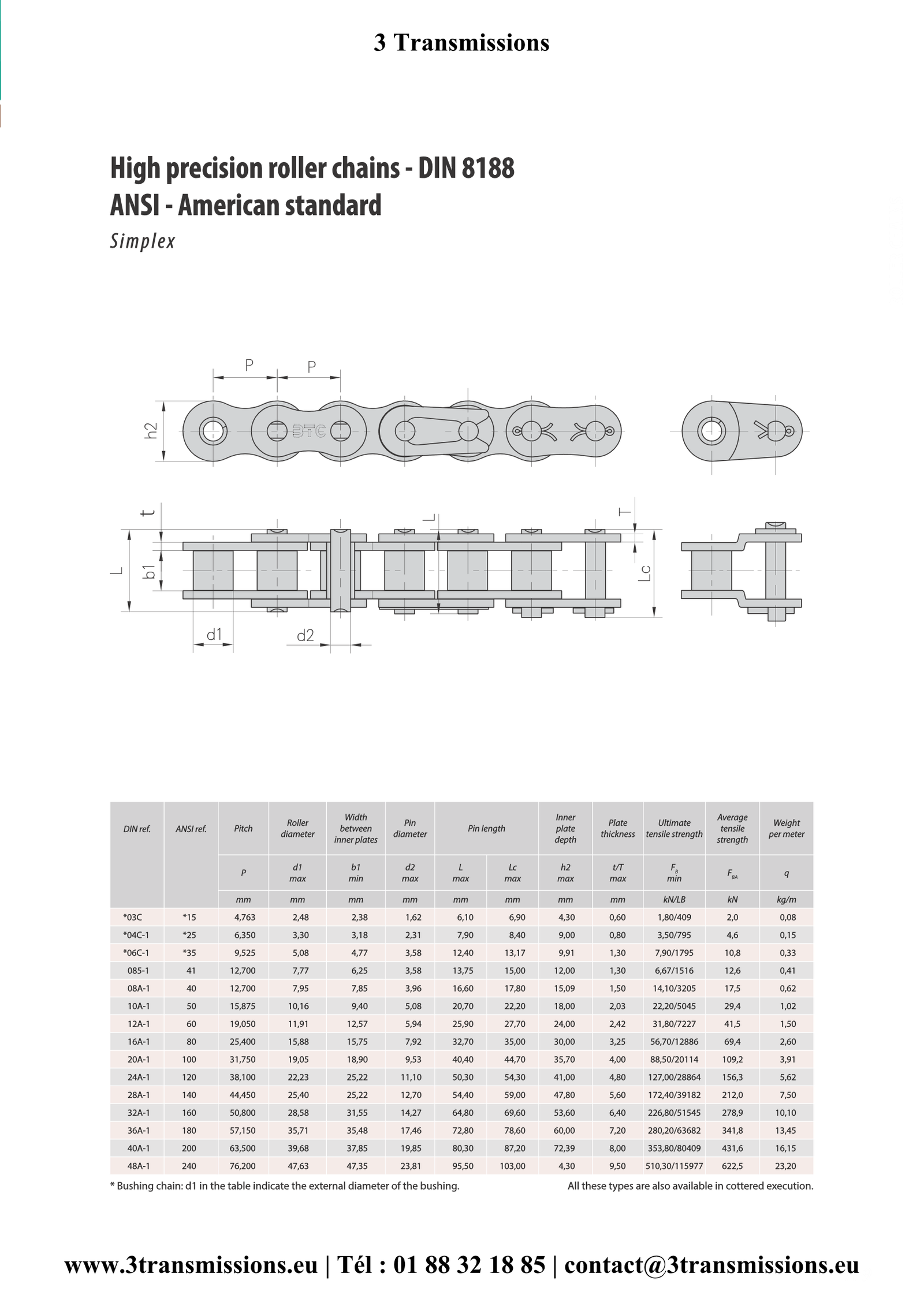 Chaine ASA simple norme DIN 8188 — Chaîne