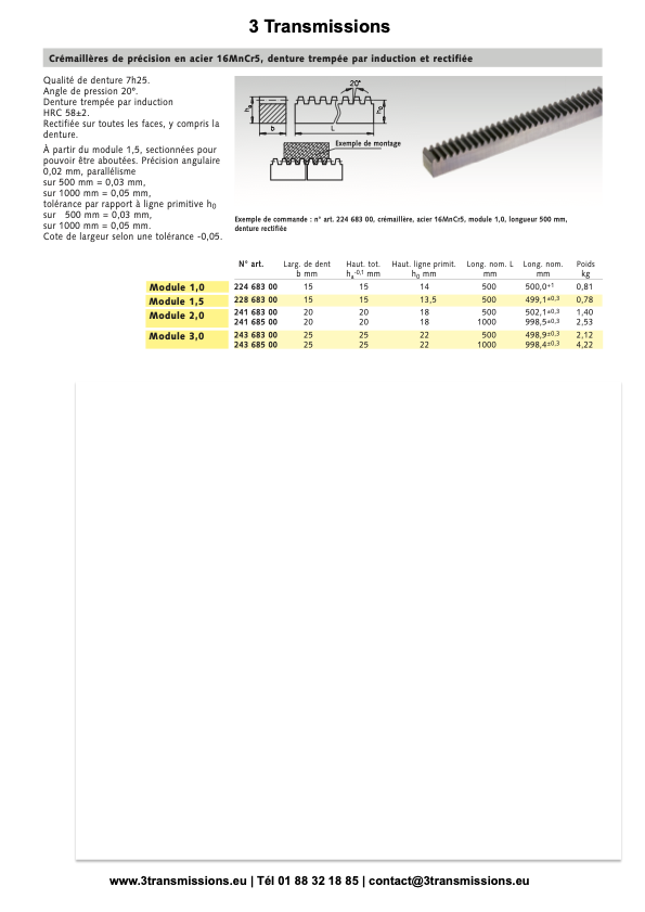 Crémaillère acier à denture traitée — Crémaillère