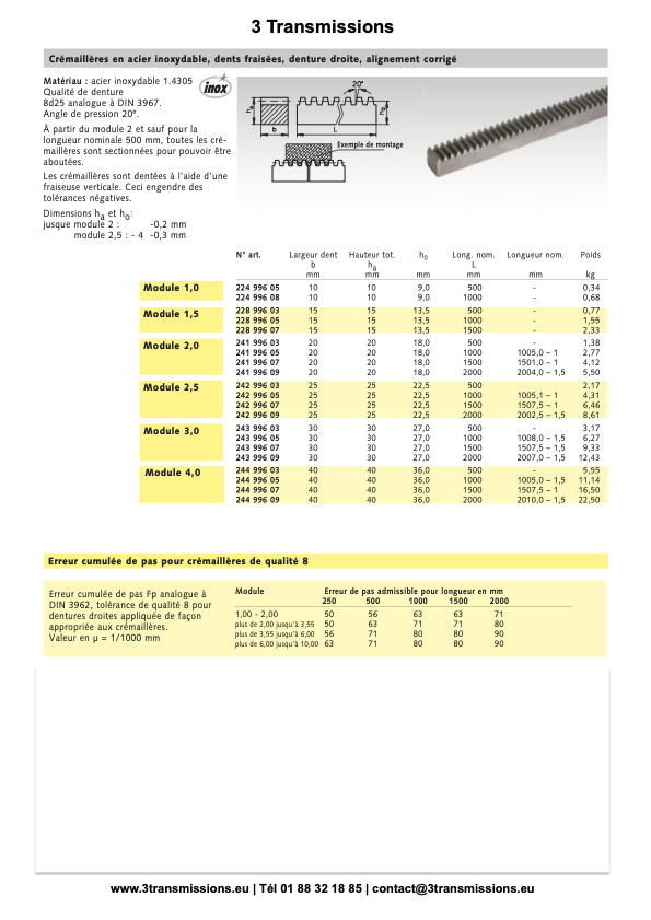 Crémaillère acier inoxydable denture droite — Crémaillère