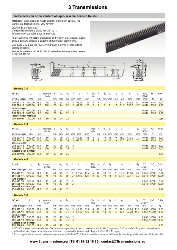 Crémaillère acier denture oblique usinée traitée — Crémaillère